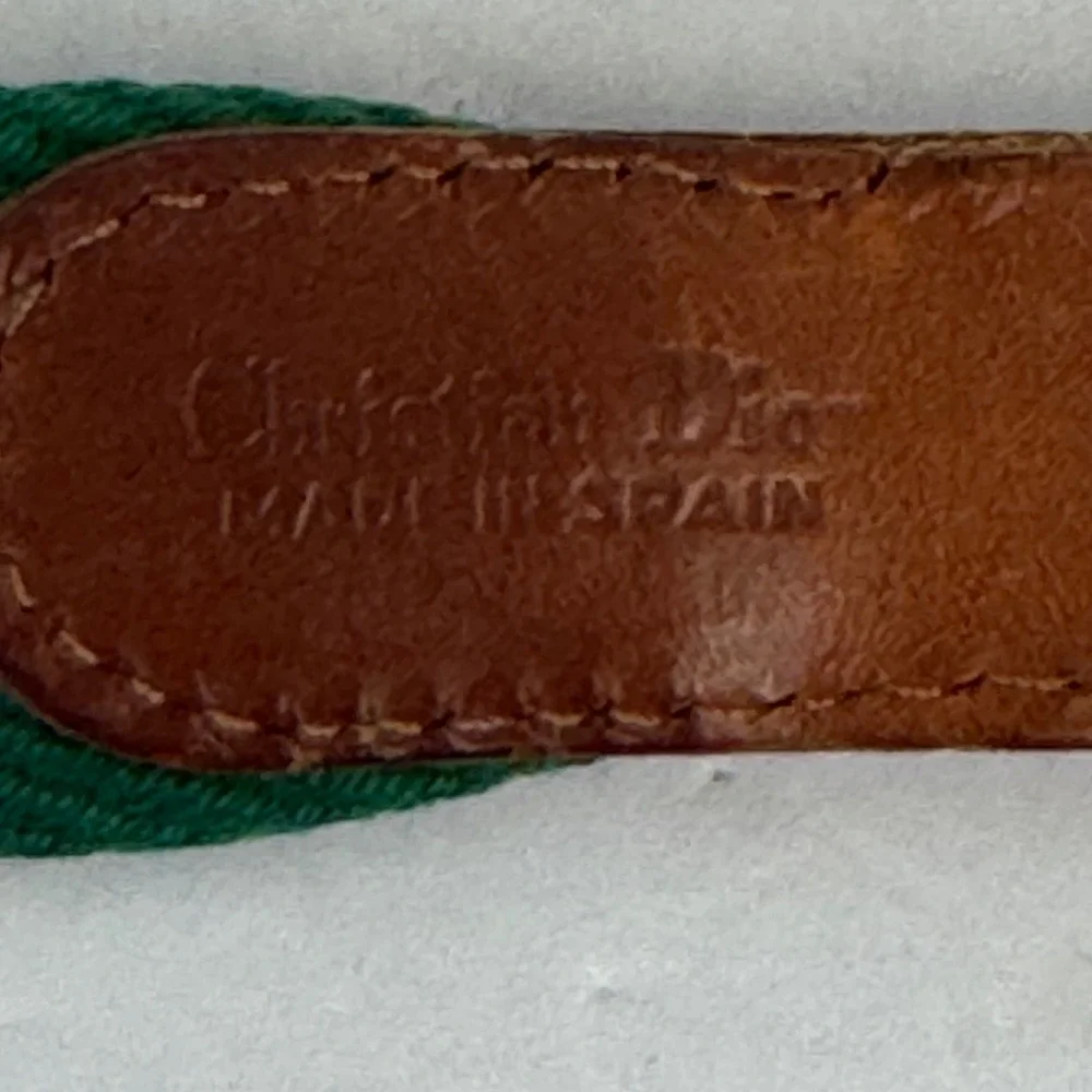 Christian Dior Vintage Mens Belt Green Canvas Tan Leather Spain 30 34 85 218923